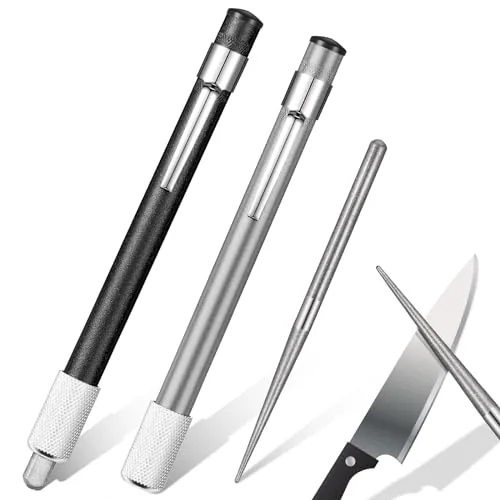 2 Piece Diamond Retractable Knife Sharpener Steel Sharpening Rod, Silver