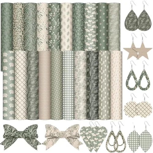 20 Piece Sage Green Faux Leather Sheet 8.3 x 6.3 Inch Floral