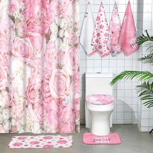 8 Piece Rose Floral Shower Curtain Set, Pink