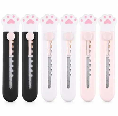 6 Piece Cute Box Cutter Utility Retractable Knives Cartoon Cat, Black