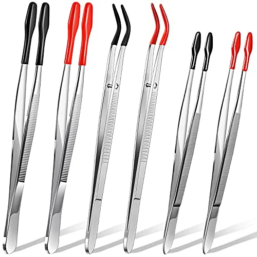 6 Piece Rubber Tipped Tweezers PVC Stainless Steel Rubber Coated, Black