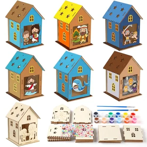 12 Piece Sunday School Craft Kit DIY Wooden House to Paint, Multicolour