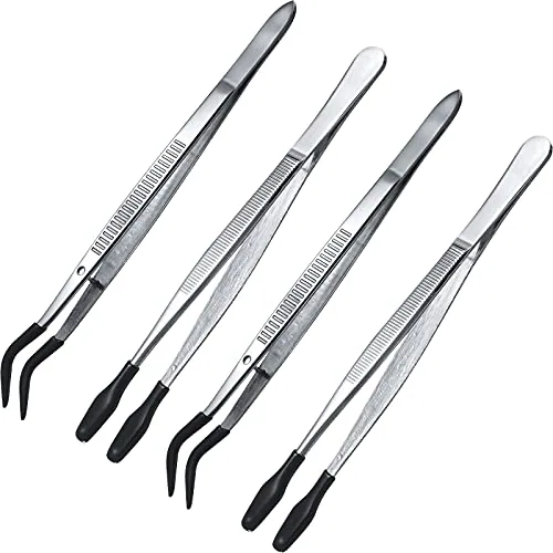 4 Piece Rubber Tipped Tweezers PVC Silicone Tip Tweezers Coated, Black
