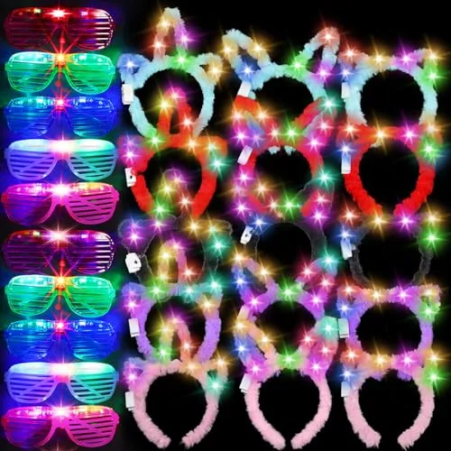30 Piece LED Light up Glasses Cat LED Cute Headband Cat Ears, Multicolour