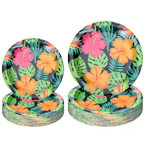 100 Piece Tropical Nights Paper Plates Hawaiian Party Supplies 7, Multicolour