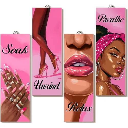 4 Piece Bathroom Decor Wall Art Pink and Black African American