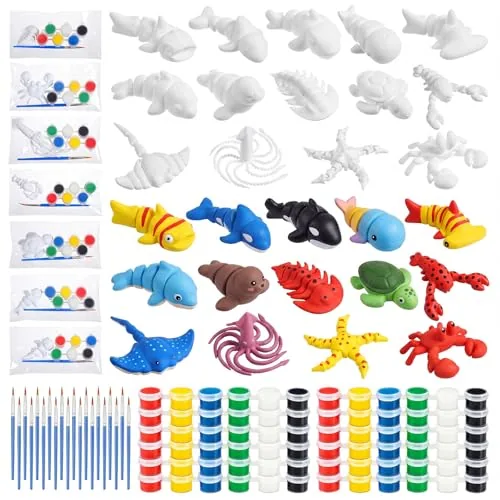 28 Piece Self-Adhesive 3D Printed Sea Animal Figurines Painting Arts and Craft, White