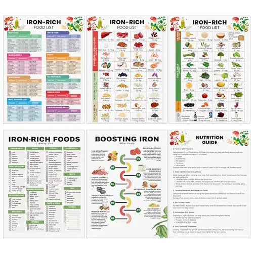 6 Piece High Iron Food List Poster Iron Rich Foods Chart 8.5x11, Multicolour