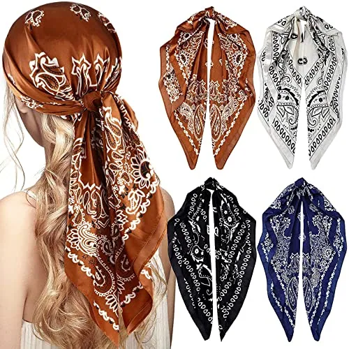 4 Piece 35 Inch Satin Head Scarf Bandanas, Multicolour