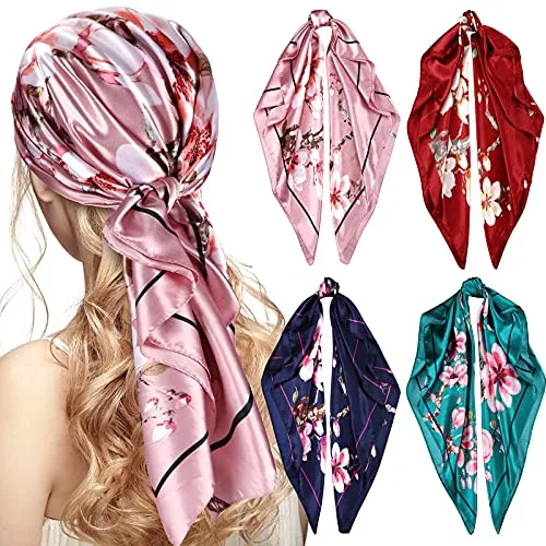 4 Piece 35 Inch Satin Head Scarf Bandanas, Multicolour