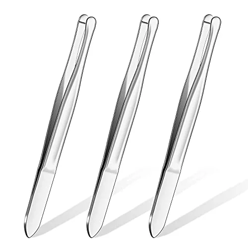 3 Piece Stainless Steel Round Tip Tweezers, Silver