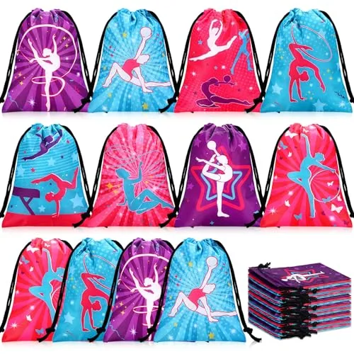 24 Piece Folding Gymnastics Party Favor Bags Drawstring Goodie Bag, Purple