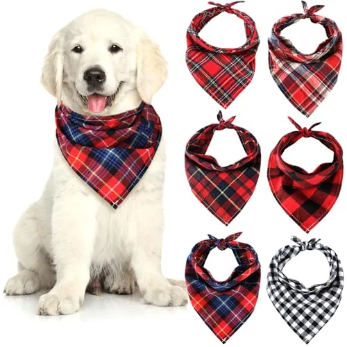 6 Piece Triangle Dog Bandana Dog Scarf Plaid Printing Adjustable, Red