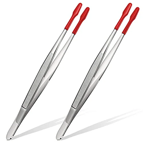 2 Piece Rubber Tipped Tweezers Flat Silicone Tip Round Tweezer, Red