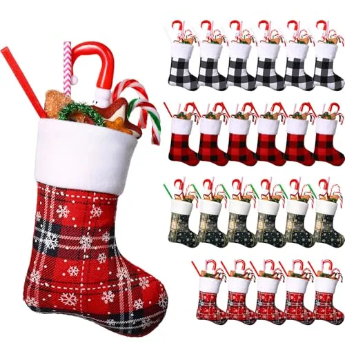 100 Piece 7 Inch Christmas Stockings Bulk Mini Buffalo Plaid
