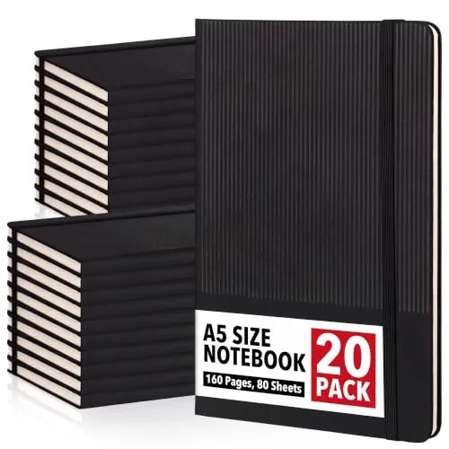 20 Piece Lined A5 Notebooks Journal Bulk Hardcover 5.5 x 8.3, Black