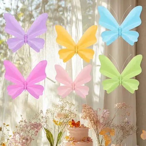 6 Piece Large 3D Paper Butterfly Hanging Decorations Spring Party, Pink