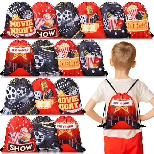 16 Piece Large Movie Night Party Gift Bags Movie Theme Drawstring