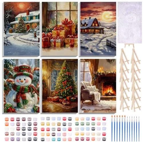 6 Piece Christmas DIY Paint by Number Kits, Multicolour