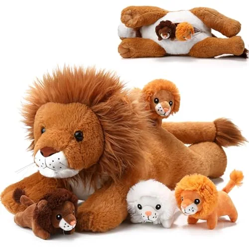 5 Piece Lion Stuffed Animal Plush, Brown