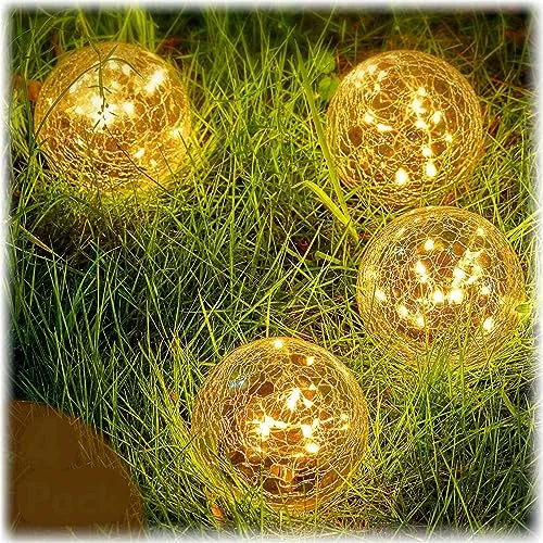 4 Piece 4.7 Inch Solar Globe Lights Outdoor - Waterproof Cracked, Yellow