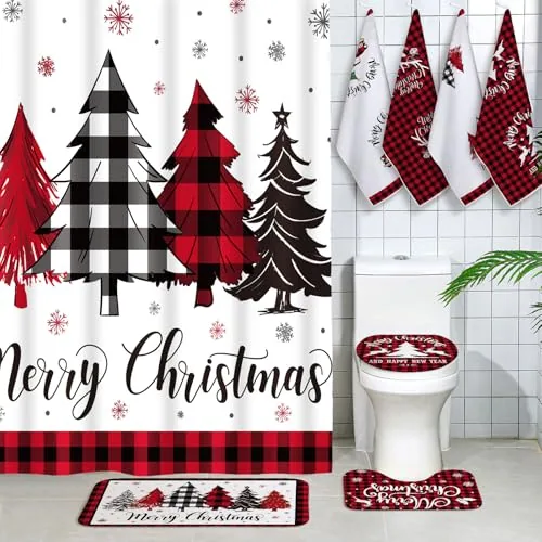 8 Piece Christmas Shower Curtain Set, Black