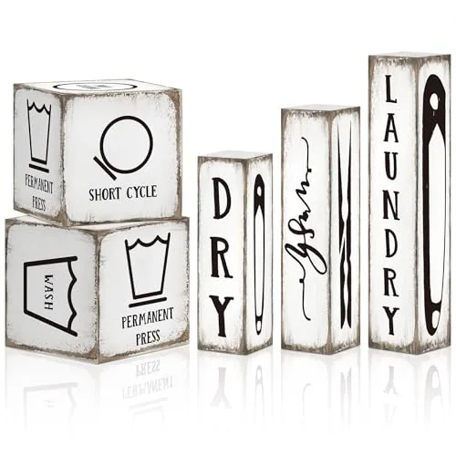 5 Piece Farmhouse Laundry Room Decor Stacked Blocks, Multicolour