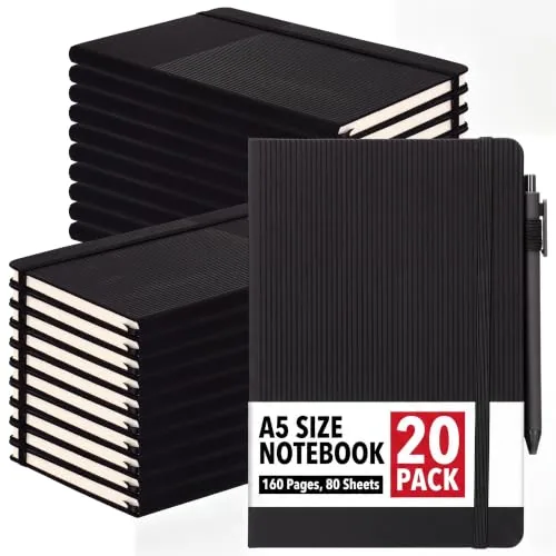 20 Piece A5 Hardcover Lined Notebooks Bulk Black Journal