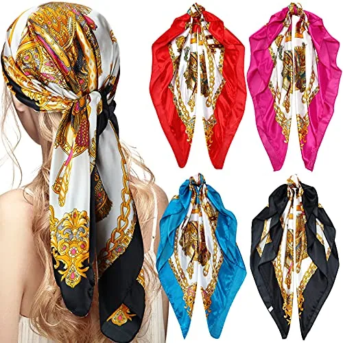 4 Piece 35 Inch Satin Head Scarf Bandanas, Multicolour