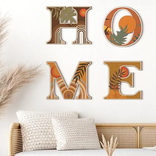 4 Piece Boho Wall Art Decor Aesthetic Wood Home Letters Sign, Orange