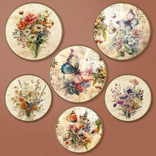 6 Piece Spring Vintage Floral Framed Wall Art Decor Wildflower, Brown
