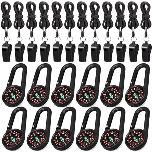 24 Piece Magnetic Emergency Whistle and Compass Kit, Black