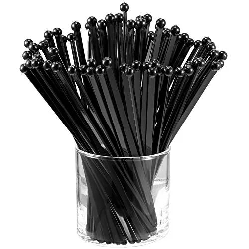 100 Piece Swizzle Sticks Ball Head Stirrer Disposable Plastic Round, Black