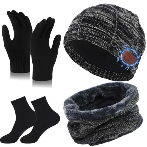 Bluetooth V5.0 Wireless Hat 4 in 1 Beanie Set, Grey