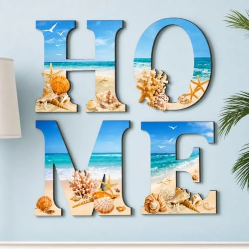 4 Piece Ocean Beach Wall Art Decor Summer Coastal Aesthetic Wood, Blue