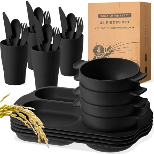 24 Piece Wheat Straw Dinnerware Cutlery Set, Black