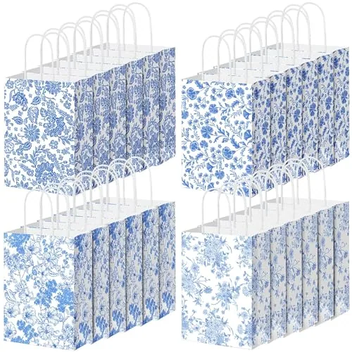24 Piece White Floral Paper Gift Bags, Blue