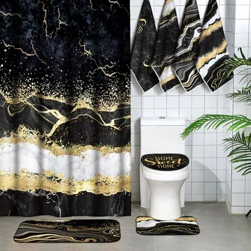 8 Piece and Gold Marble Shower Curtain Set, Black