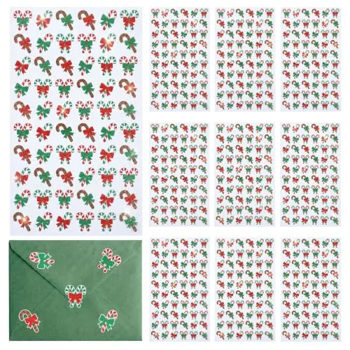 600 Piece Self-Adhesive 10 Sheet 600 pcs Glitter Candy Cane Christmas Stickers, Red