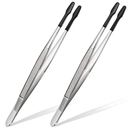 2 Piece Rubber Tipped Tweezers Flat Silicone Tip Round Tweezer, Black